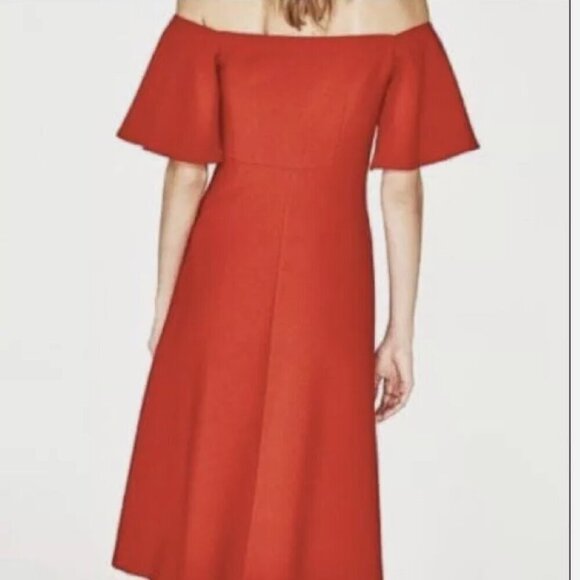 Zara Red Off-Shoulder Midi Dress with Flared Sleeves, Size Small - Picture 7 of 8